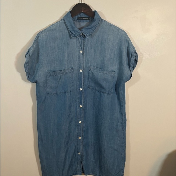 Zara Tops - Zilcremo Chambray Button Down Shirt Dress Women’s Large Denim Look Pockets